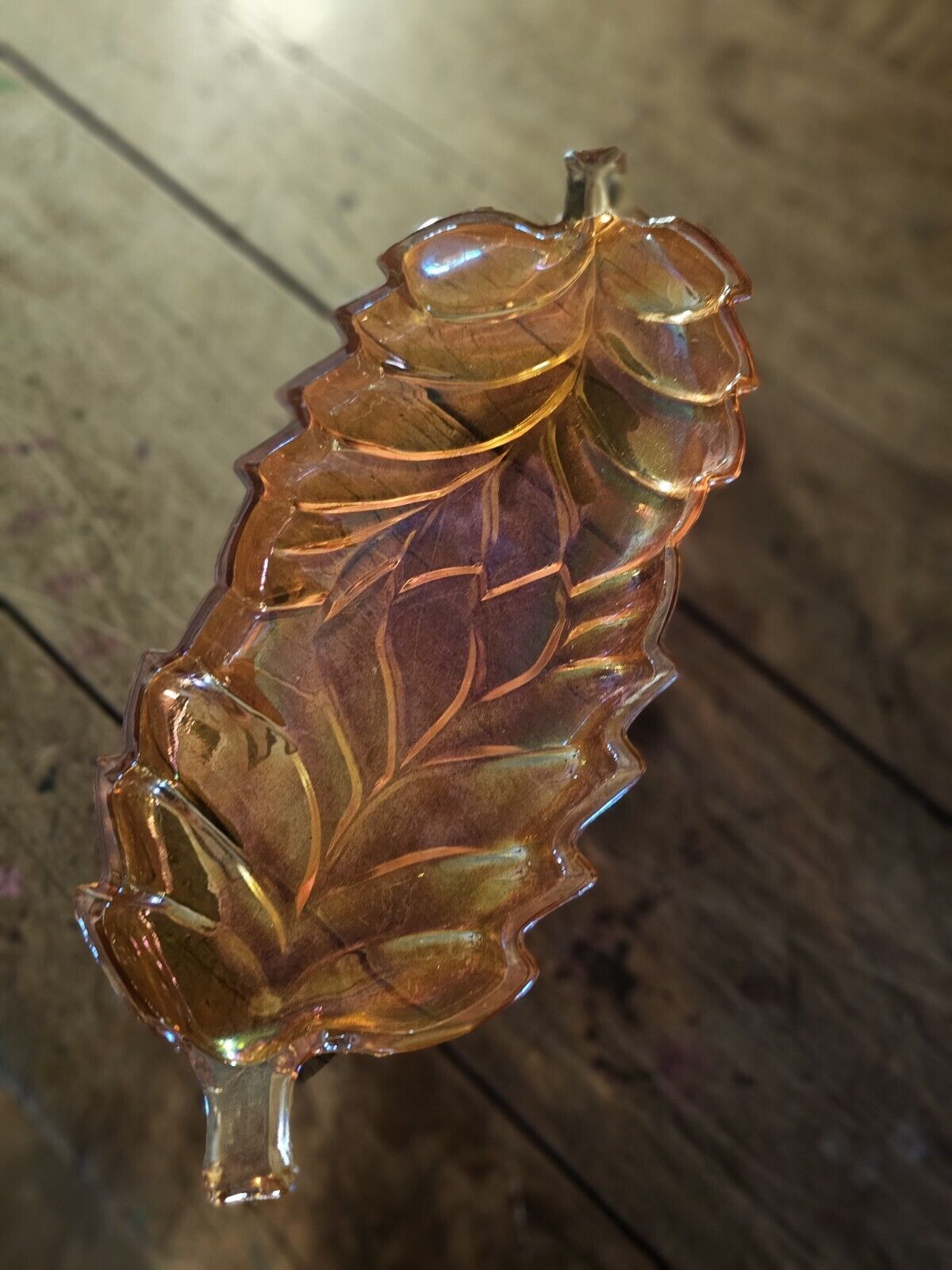 Marigold Iridescent Depression Carnival Glass Leaf Candy Nut Dish approx. 11x4”