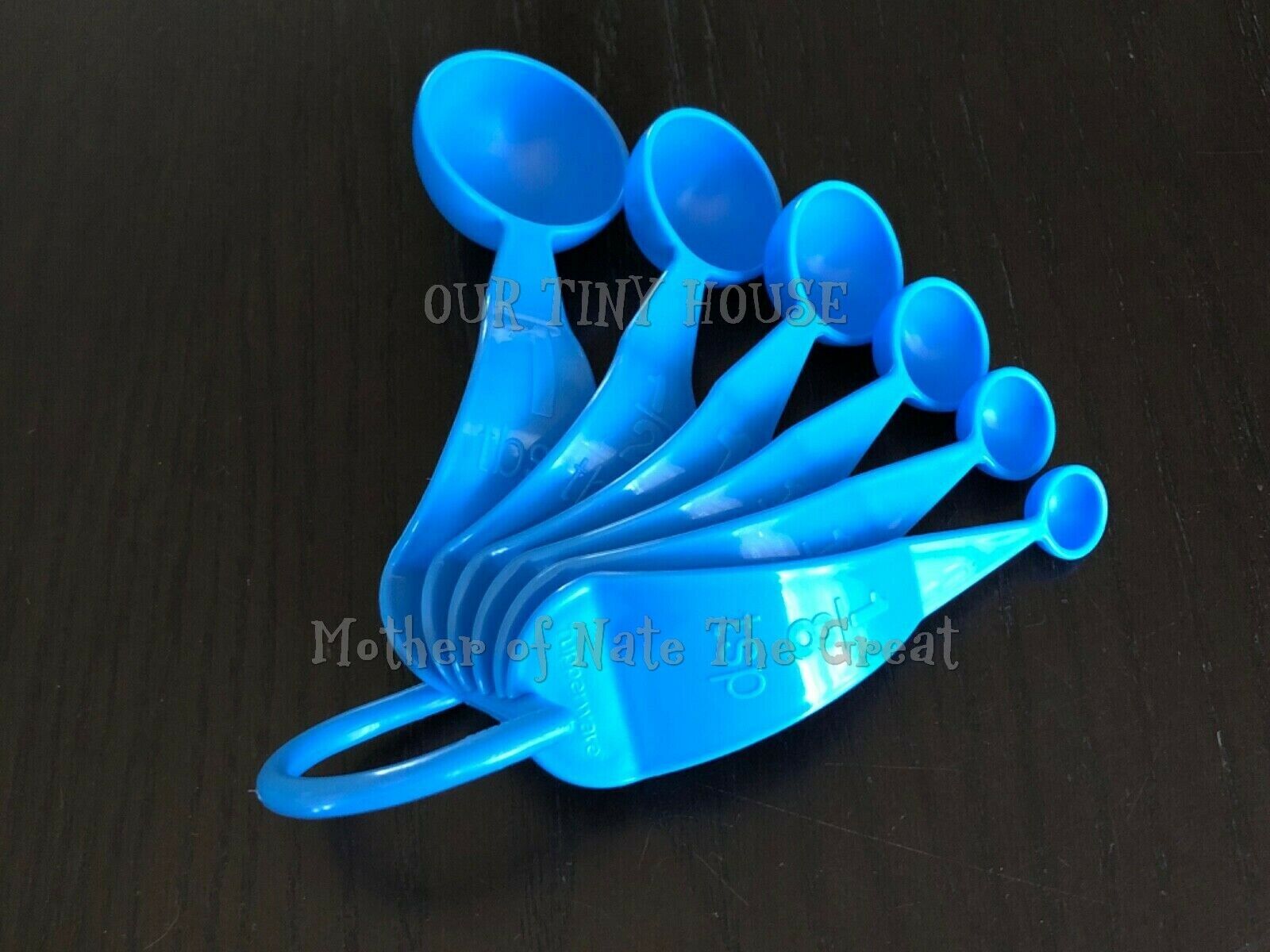 NEW Tupperware Measuring Spoons Set of 6 BLUE Embossed D Ring Cups Baking Tool