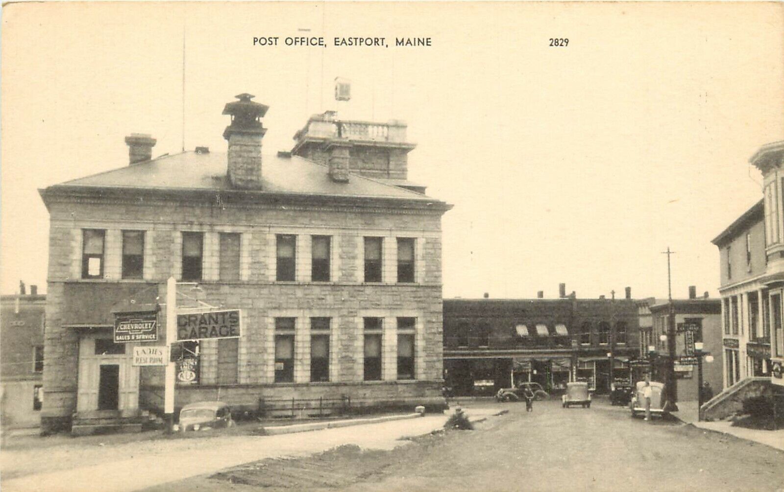 1930s Postcard; Eastport ME Post Office, Grants Garage Chevrolet Sales & Service