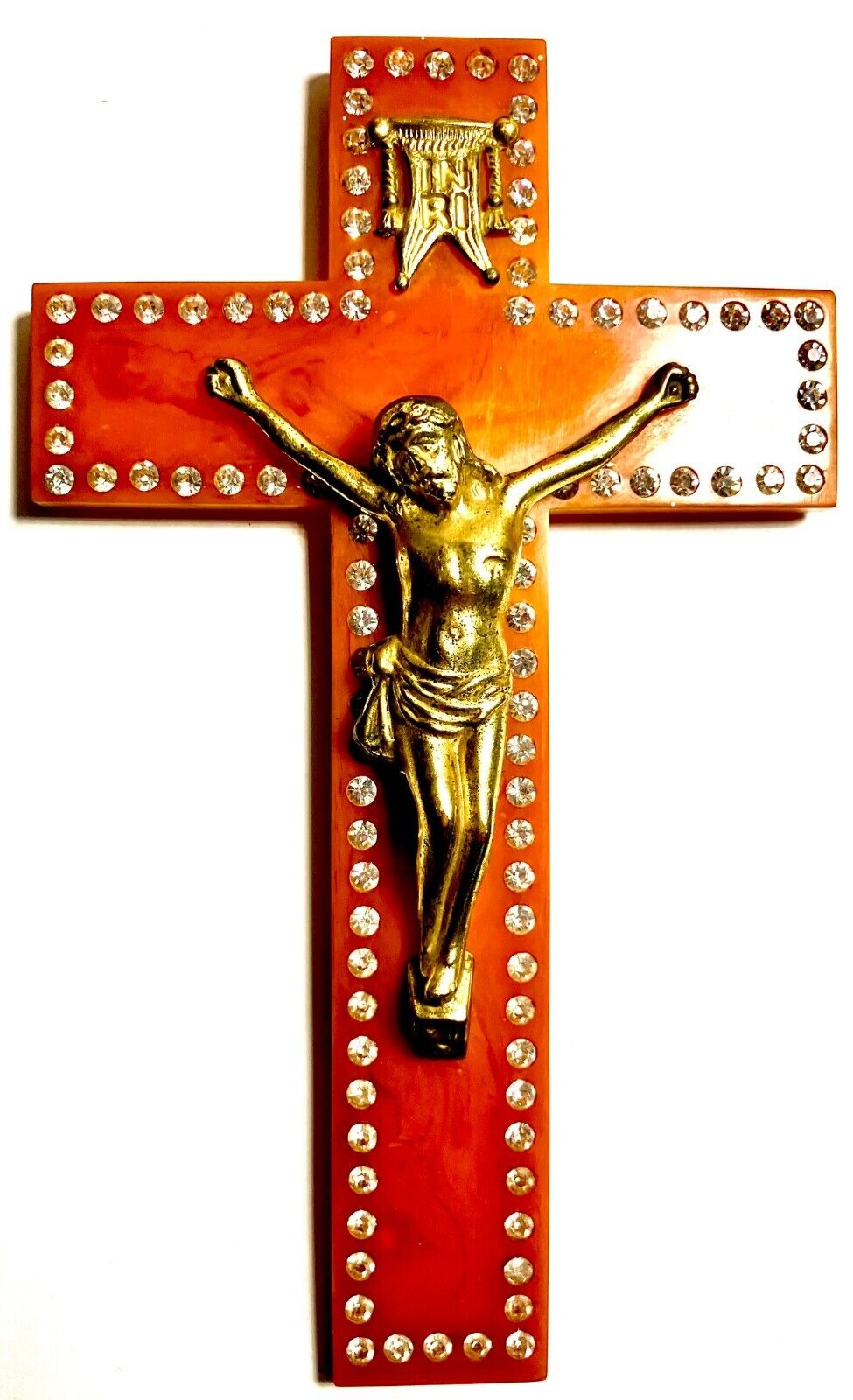 Vintage Caramel Bakelite Crucifix Cross Rhinestones And Brass