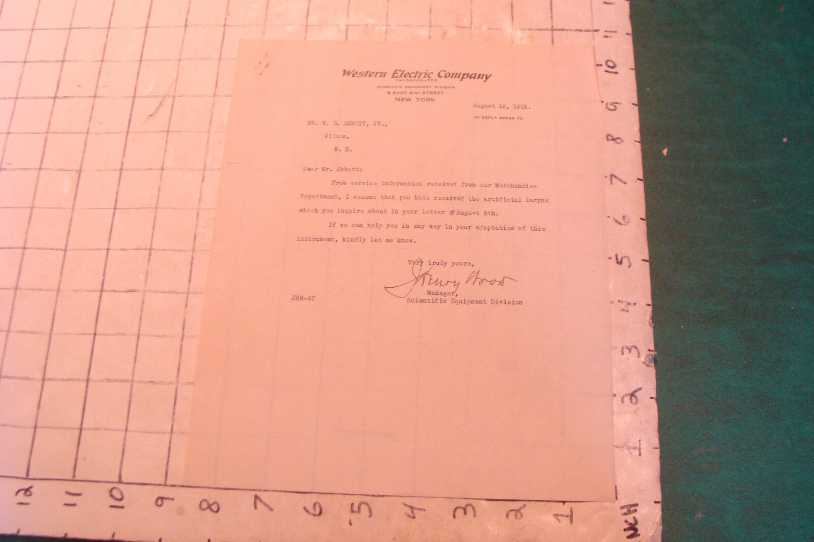 vintage 1925 WESTERN ELECTRIC CO. letter about Artificial Larynx #2 signed WOOD