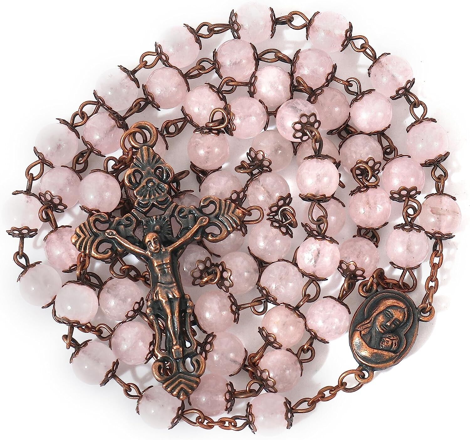 Rose Quartz Natural Stone Rosary Beads Necklace Holy Soil & Cross Crucifix