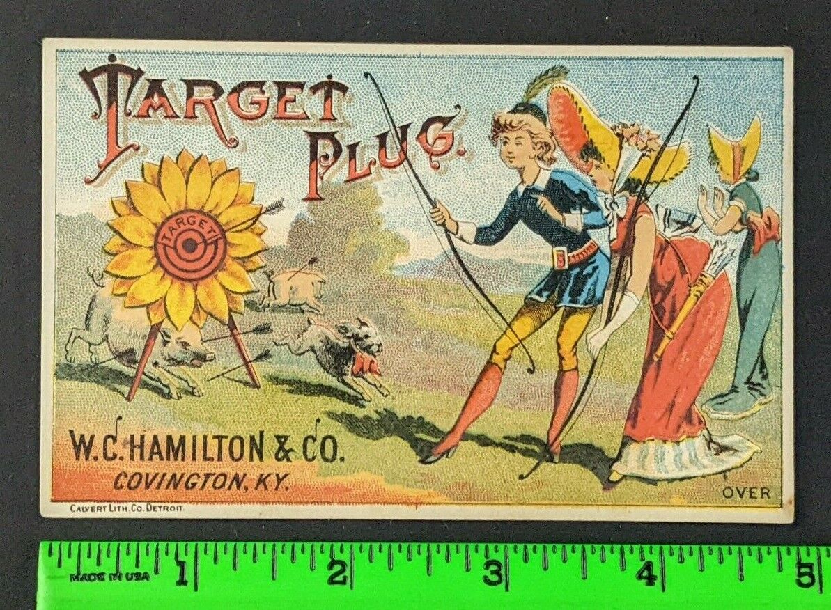 1880s Hamilton Target Plug Tobacco Bow Arrow Dog Pig Man Covington KY Trade Card
