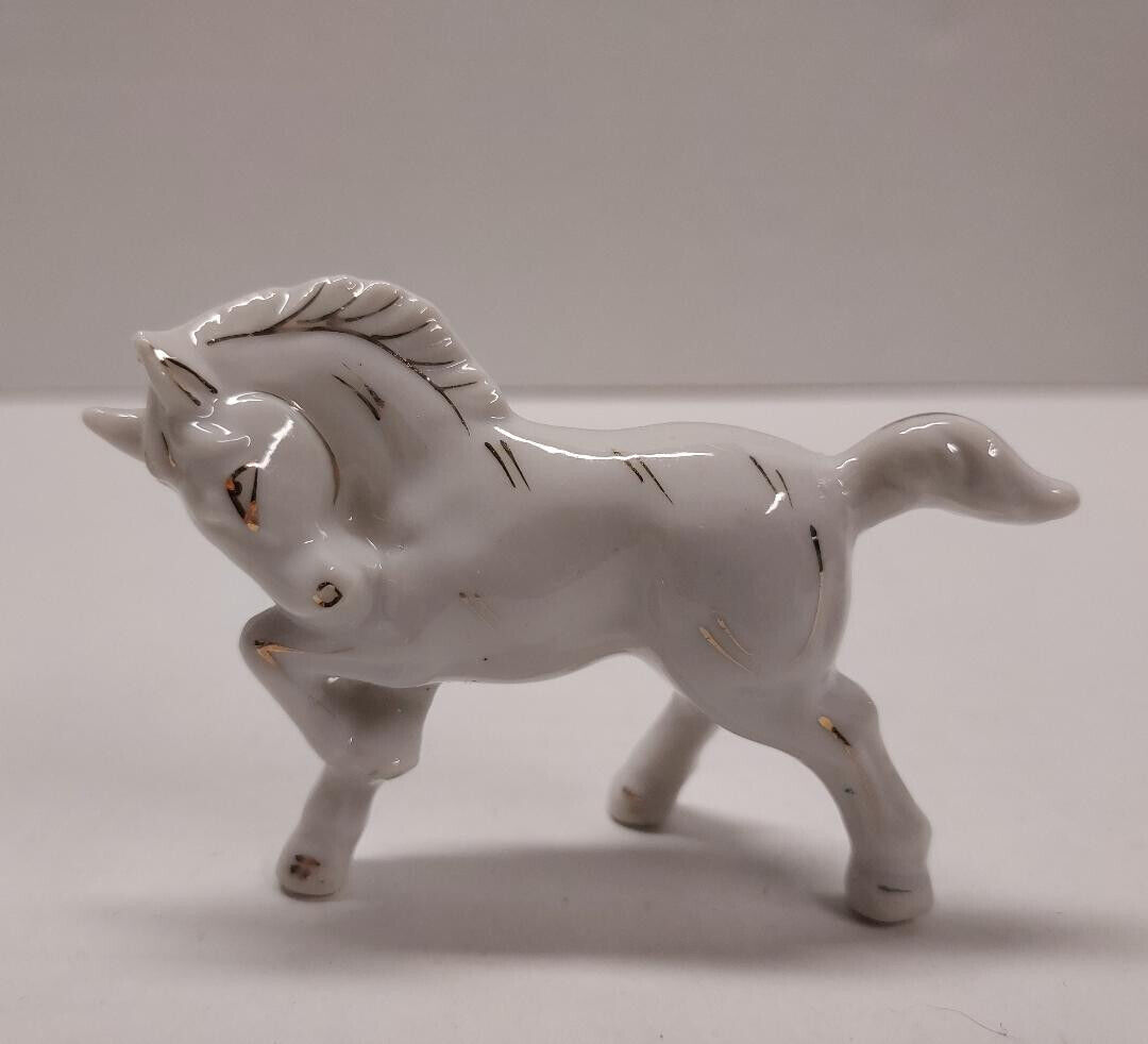 Vintage Japanese Small White Porcelain Horse Figurine With Gold Trim