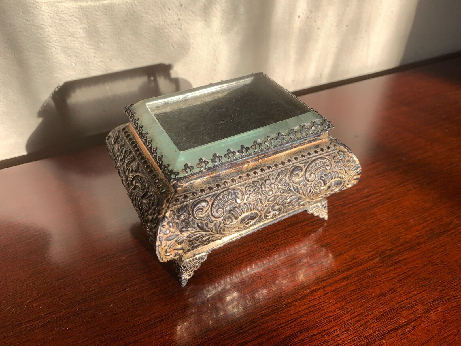 Antique Victorian Beveled Glass and Repoussé Trinket Jewelry Box