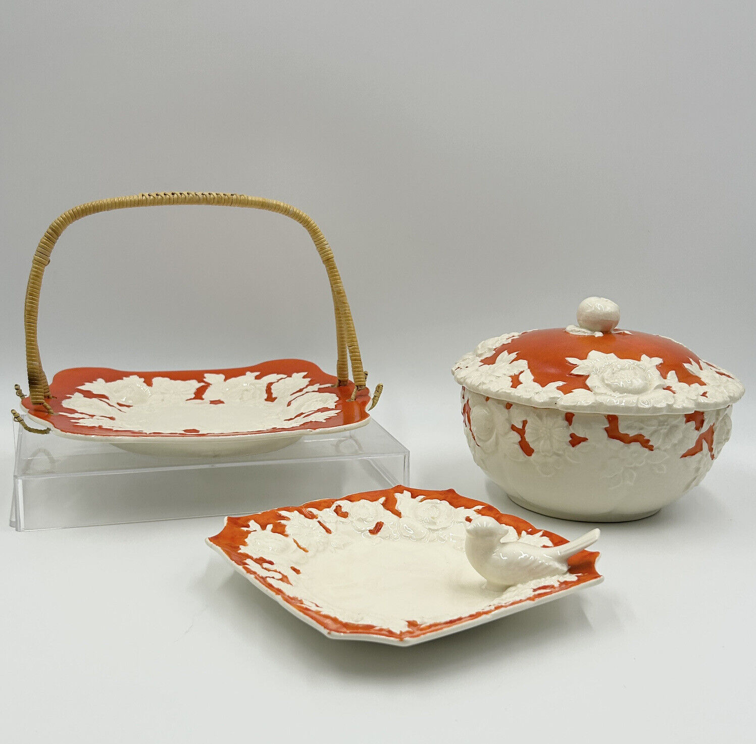 Antique 1920\'s MORIYAMA Mori-Machi Pottery Orange Red White SET OF 3
