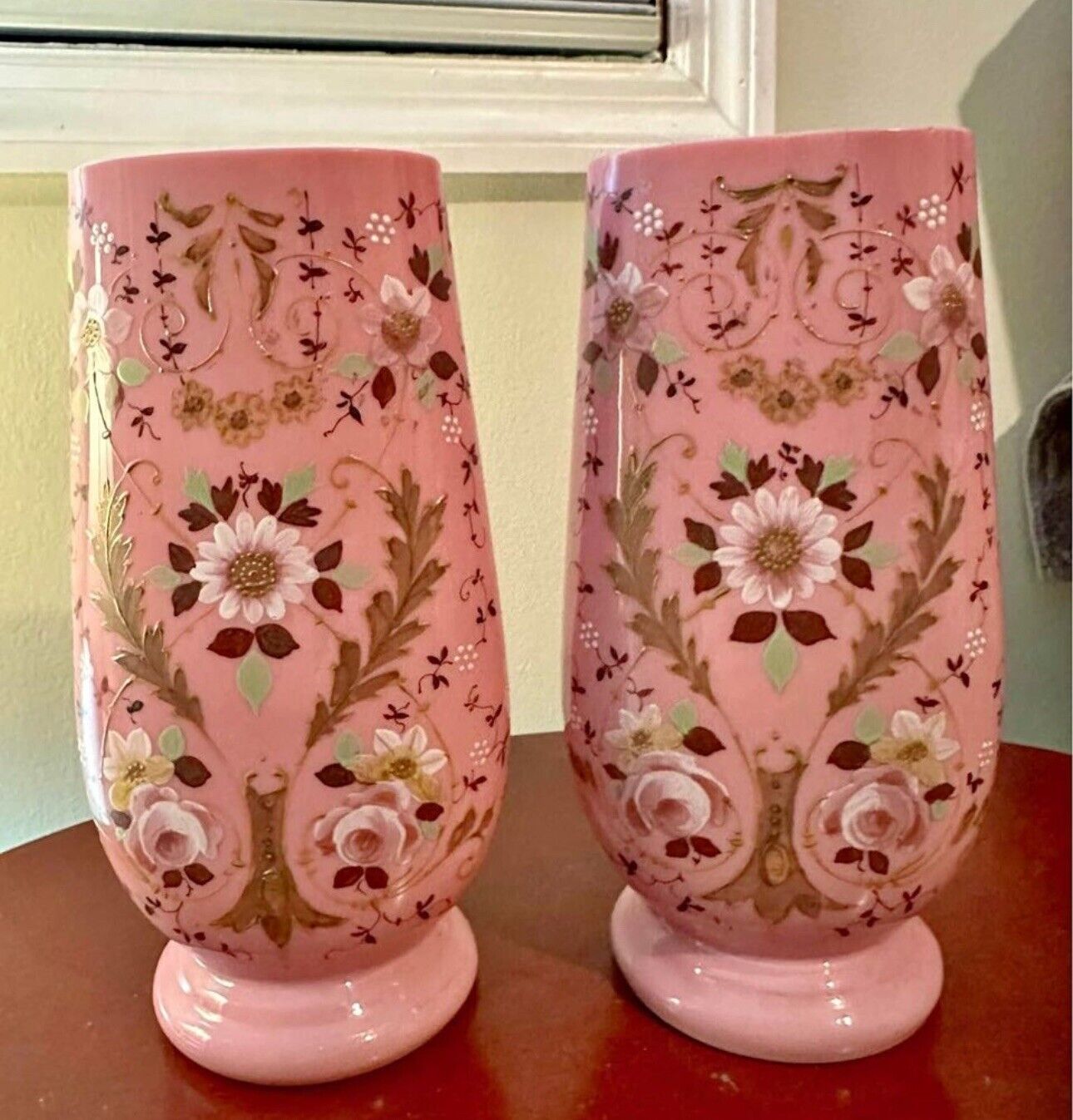 2Continental Bristol Pink HAND PAINTED Large Vases Vintage c. 1900's Rare Signed