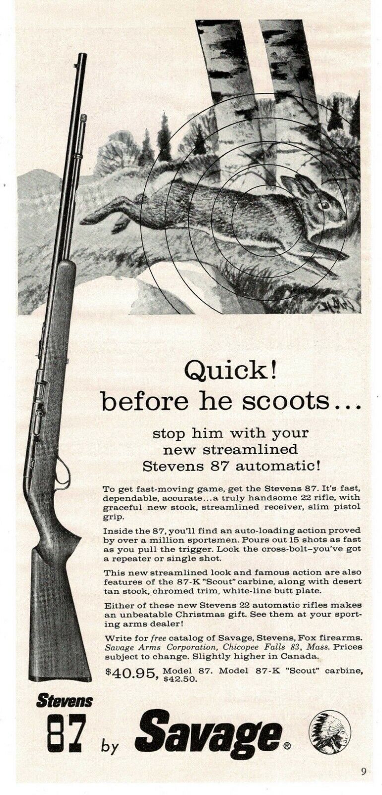 1960 SAVAGE Stevens 87 .22 Rifle rabbit hunting Vintage Print Ad