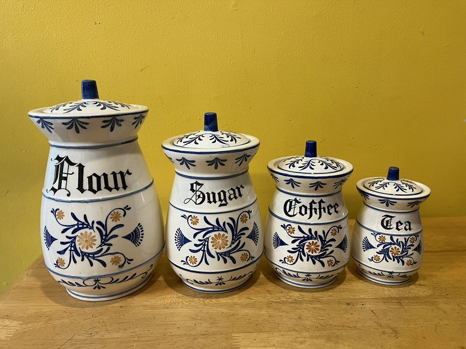 VTG Blue & White Canister Set 1950 Royal Sealy Heritage Flour Sugar Coffee Tea