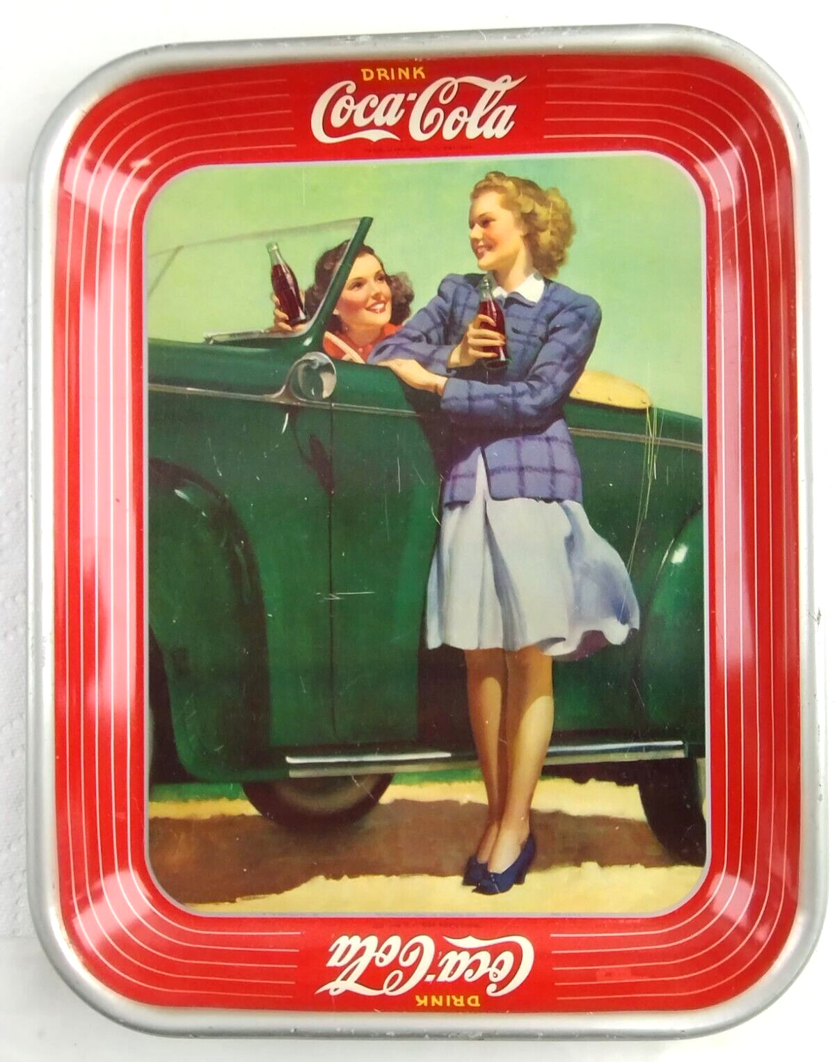 Vintage Coca Cola Tray 1942 Two Girls at Car Roadster Original Coke Serving Tray