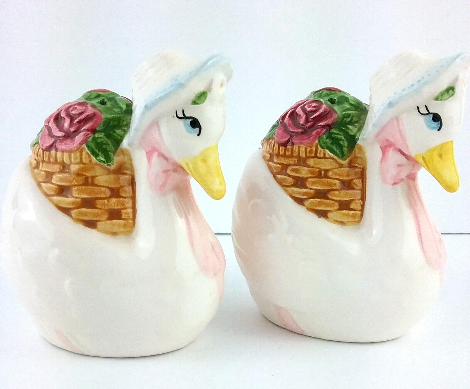 Otagiri Mother Goose White Swans Salt n Pepper Shakers Basket Pink Roses Bonnet