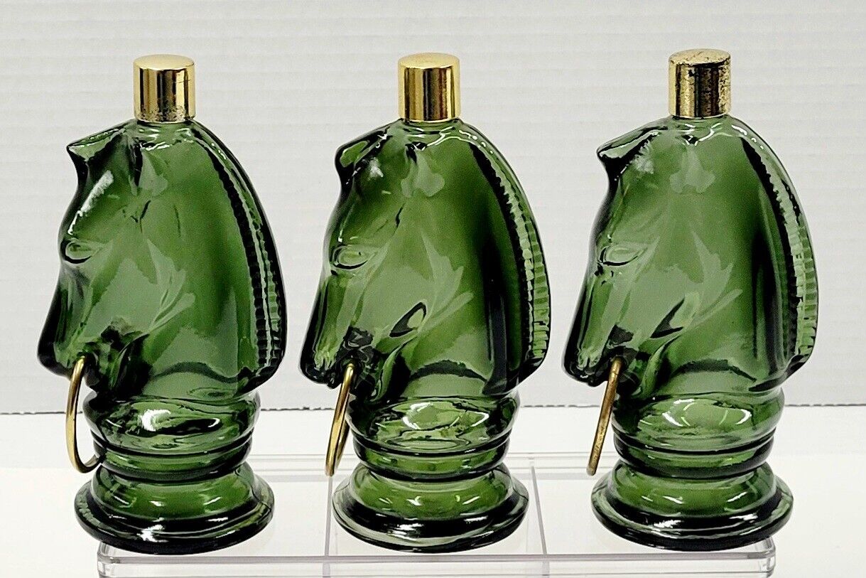 Vintage Avon Horse Head Decanter Green Glass Cologne Bottle EMPTY -  LOT of 3