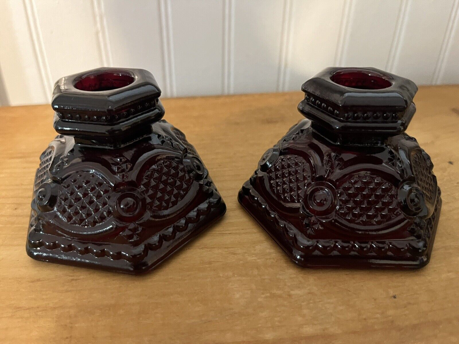 Set of Two (2) Vintage Avon 1876 Cape Cod Ruby Red Candlestick Holders