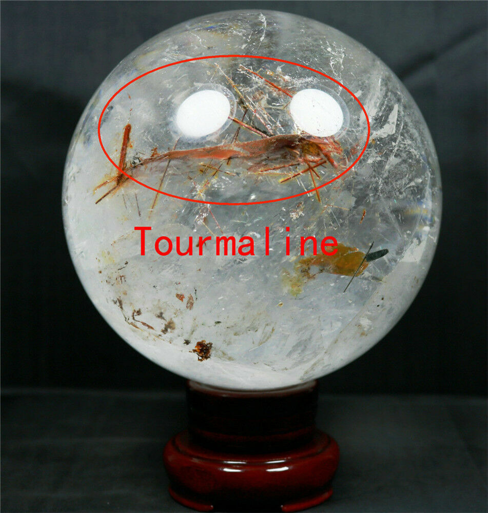 5.38 lb  NATURAL CLEAR QUARTZ CRYSTAL WITH TOURMALINE SPHERE BALL /STAND120mm 