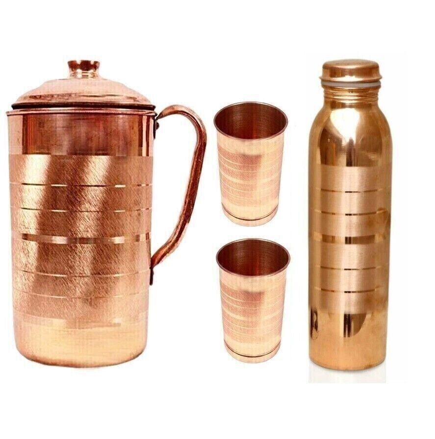 Handmade Copper Jug Pitcher Glass Tumbler With Bottle Set For Health Benefits