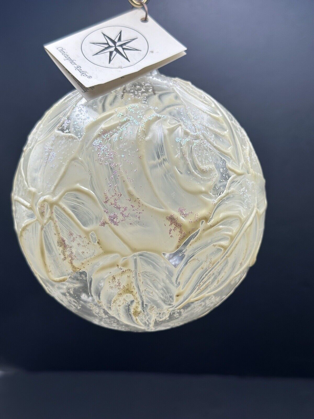 Christopher Radko WINTER CLEAR Cream White Floral Round Ball Ornament 97-427-0