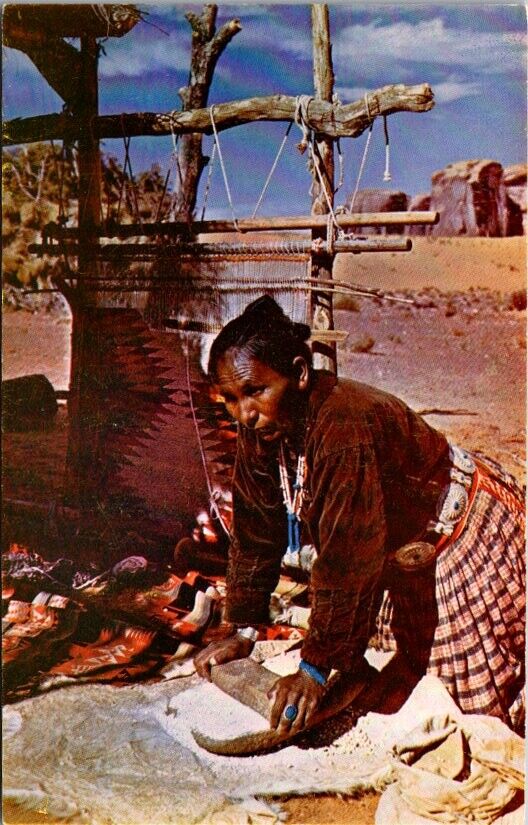 Vintage Postcard Navajo Native American Woman Grinding Grain into Meal      Q573