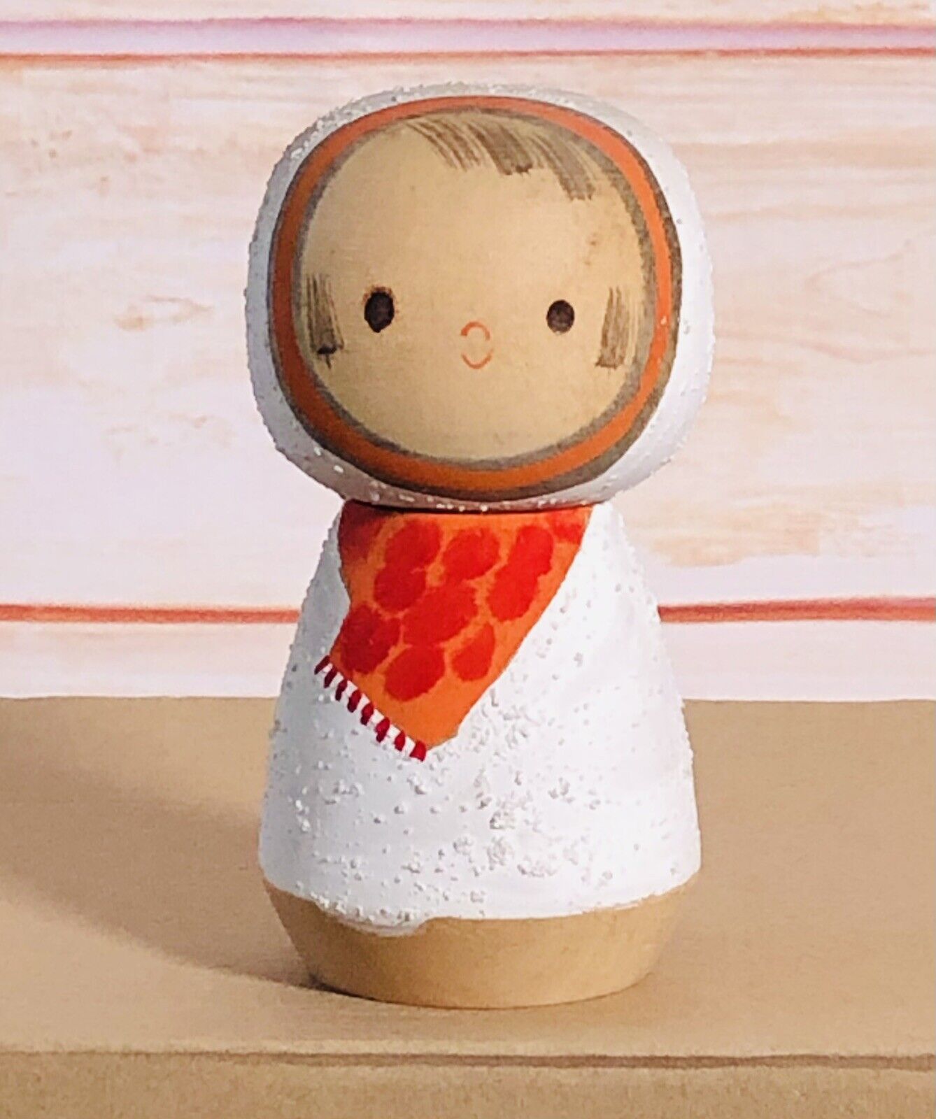 Modern Sosaku Kokeshi Doll wearing Scarf Bumpy Texture 13cm tall a11