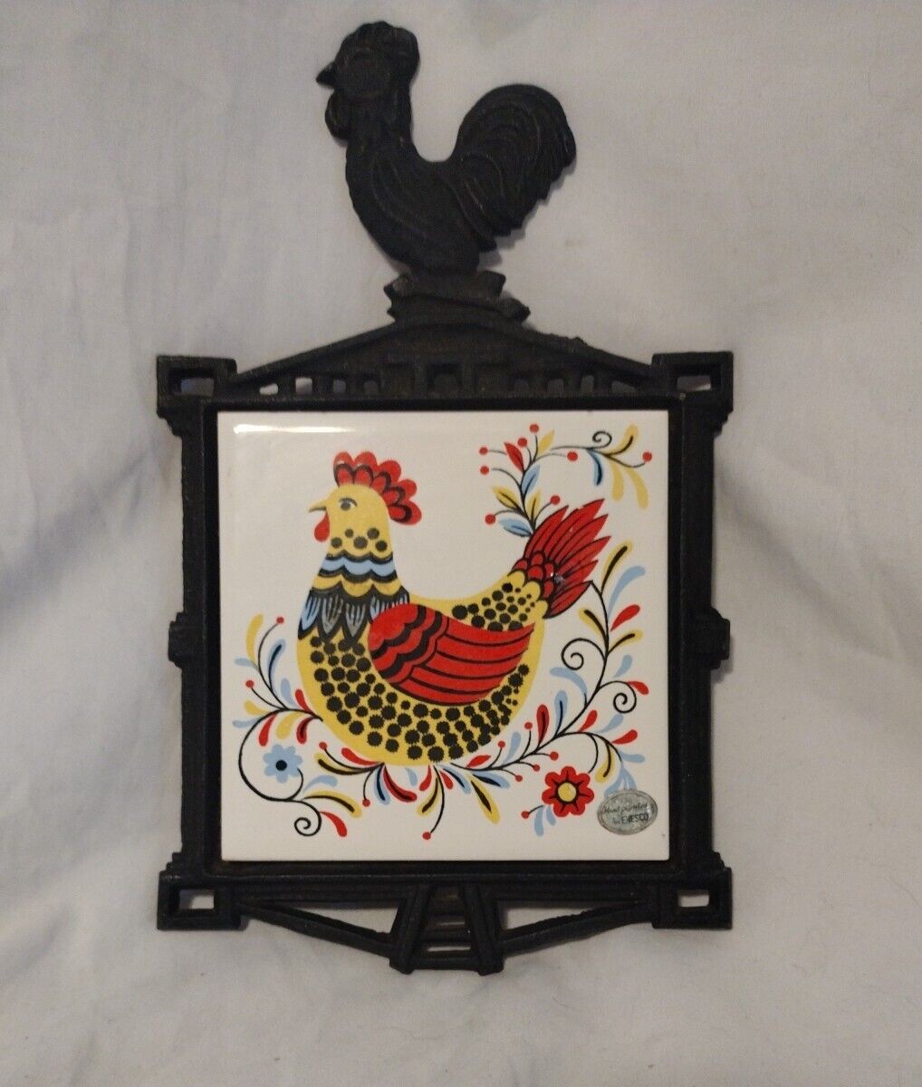 Vintage Enesco Japan Cast Iron Ceramic Tile Trivet Colorful Chicken Farmhouse