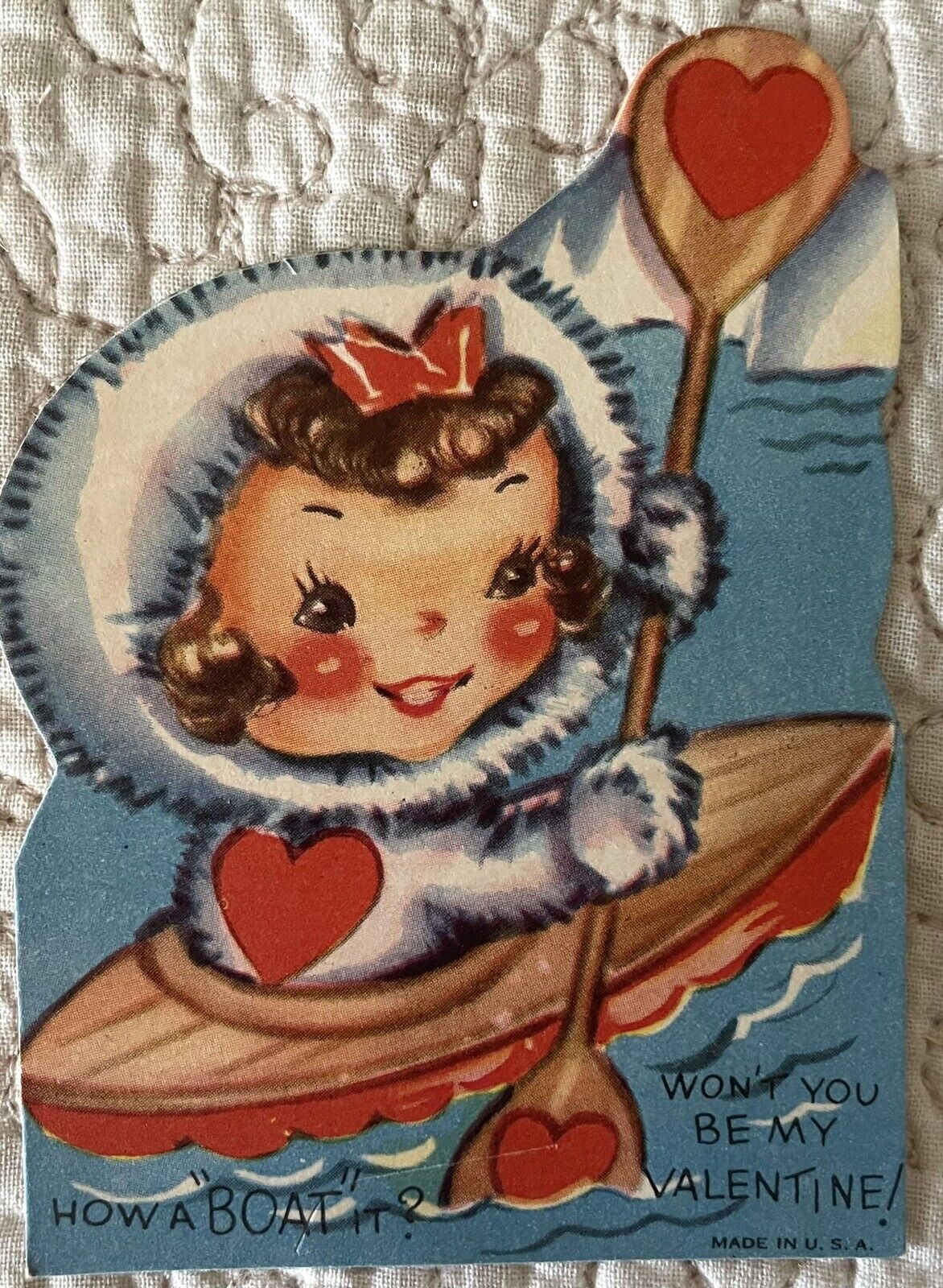Unused Valentine Girl Canoe Kayak Boat River Vintage Greeting Card 1930s 1940s