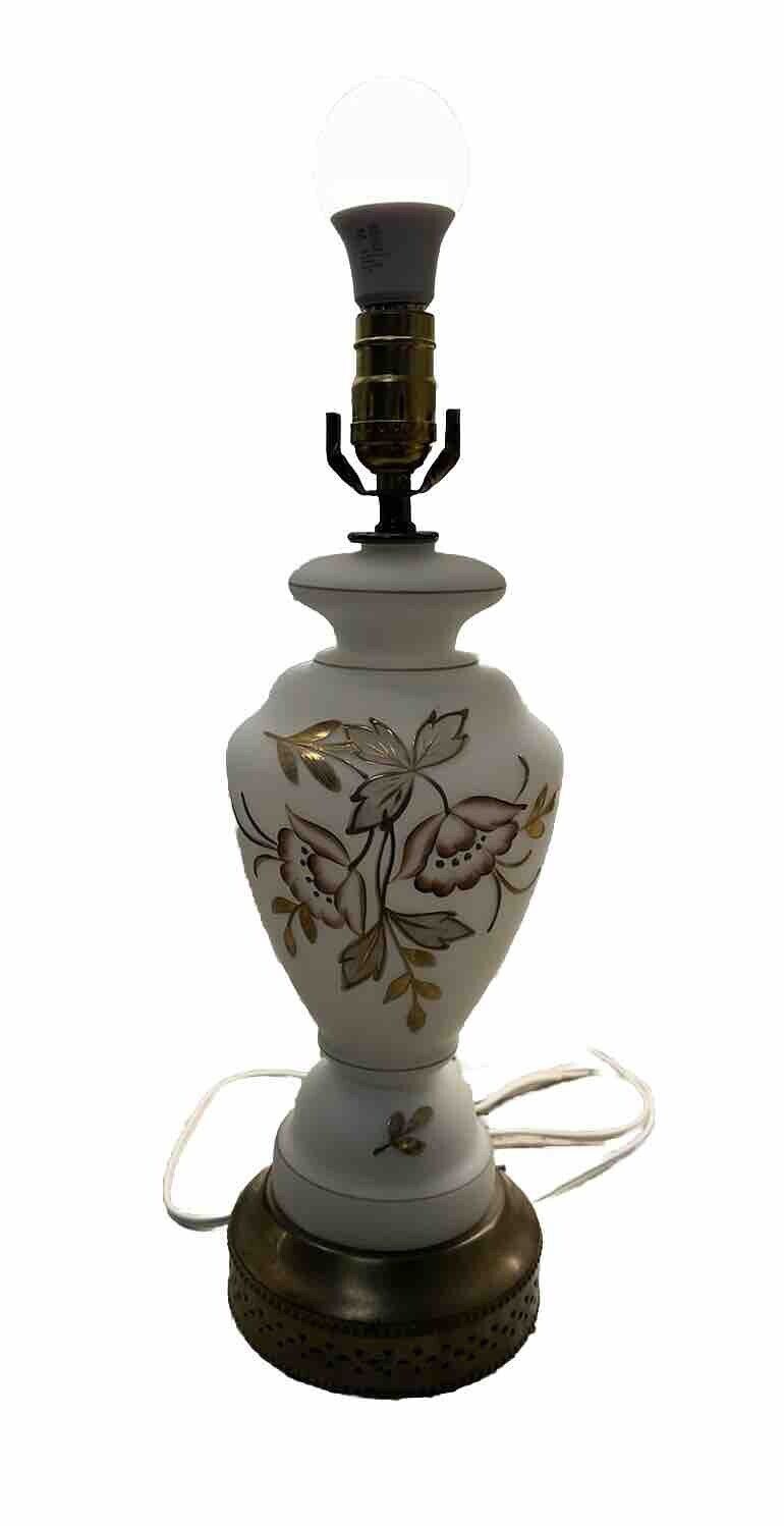 Hollywood Regency VTG Handblown/painted Satin Milk Glass table lamp, brass base