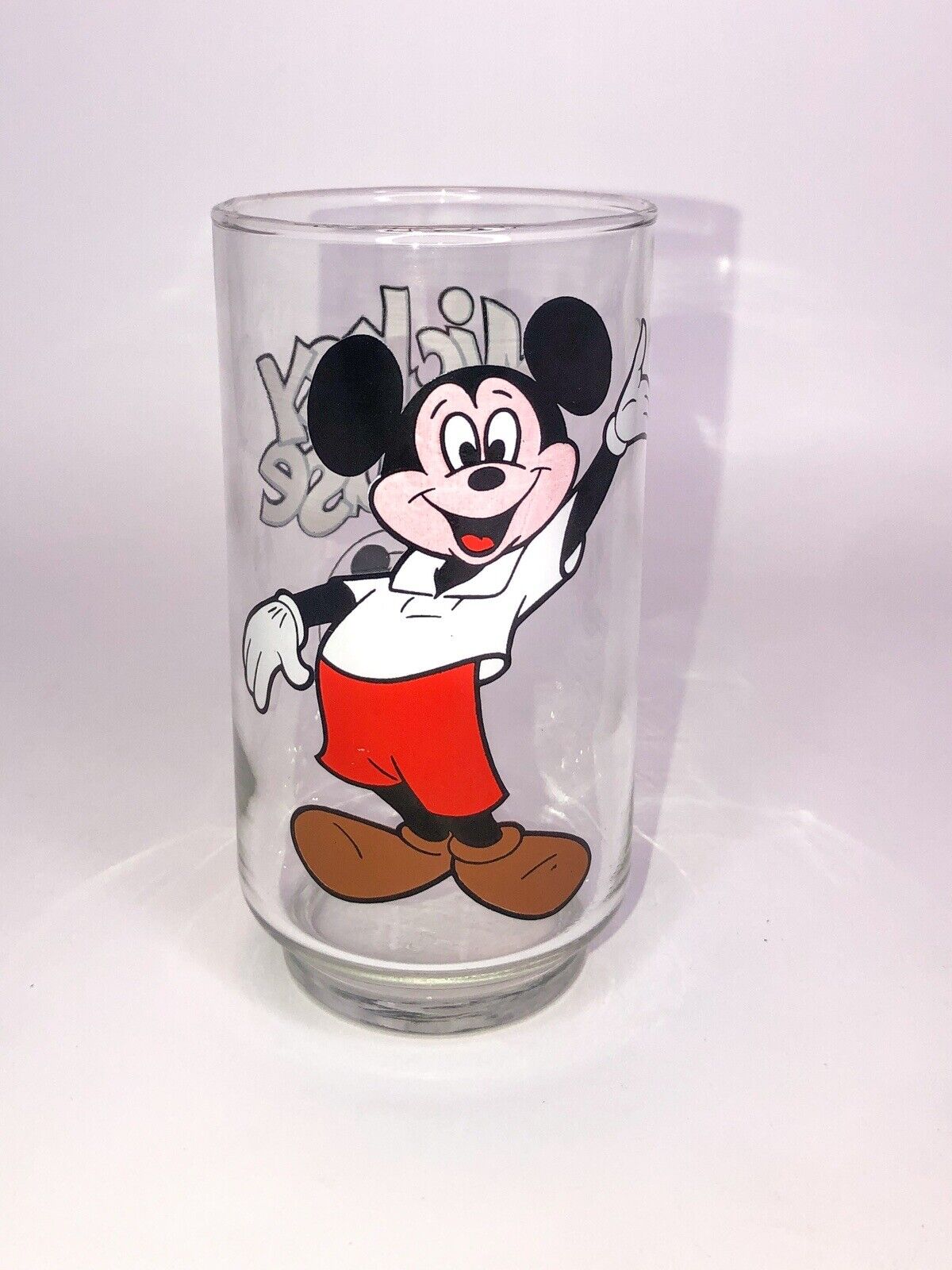 Vintage 1980s Mickey Mouse Club House 12 oz Glass Tumbler Mickey Waving Clear
