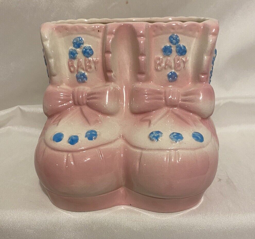 Vtg. Baby Shoe Planter By My-Neil Handcrafted Made in Haiti Pink Nursery Decor
