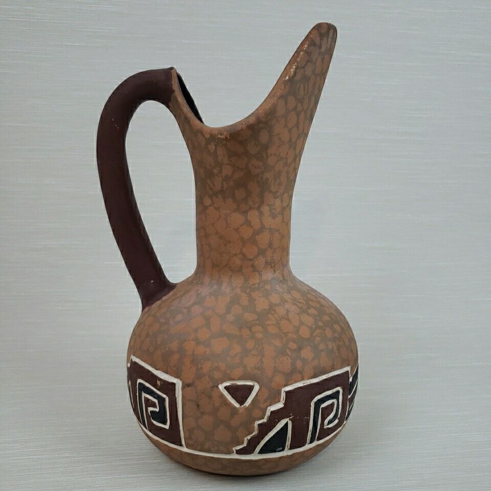 Tonala Mexican Pottery Pitcher Jug Vase Matte Unglazed Brown Sponge Southwest