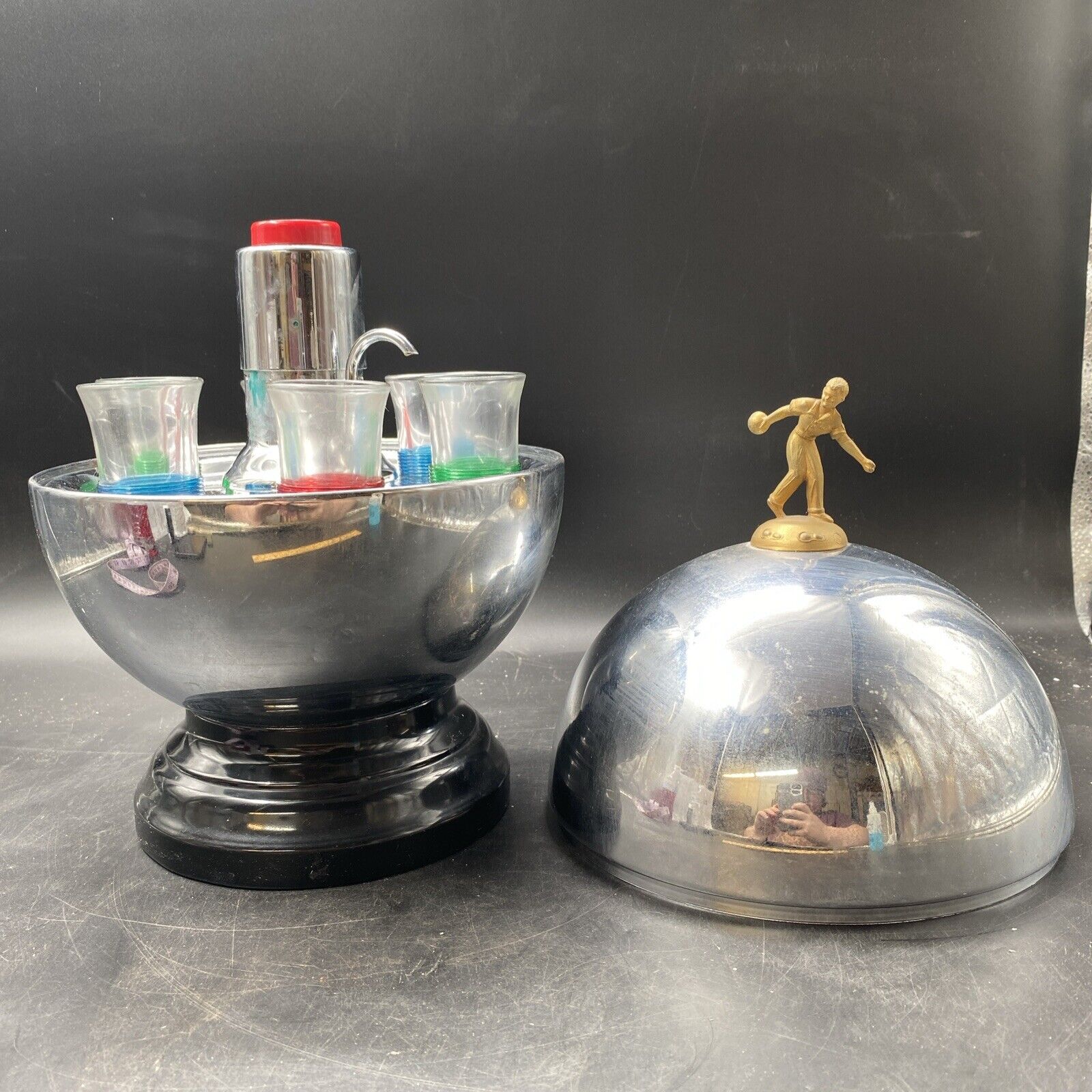 Vintage Chrome Bowling Ball Decanter Set 6 Glasses Dispenser MCM Barware READ