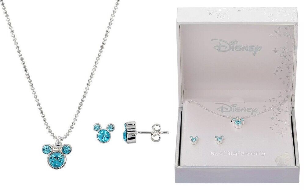 Disney Mickey Mouse Blue Crystal Silhouette Necklace & Stud Earring Set MSRP $50