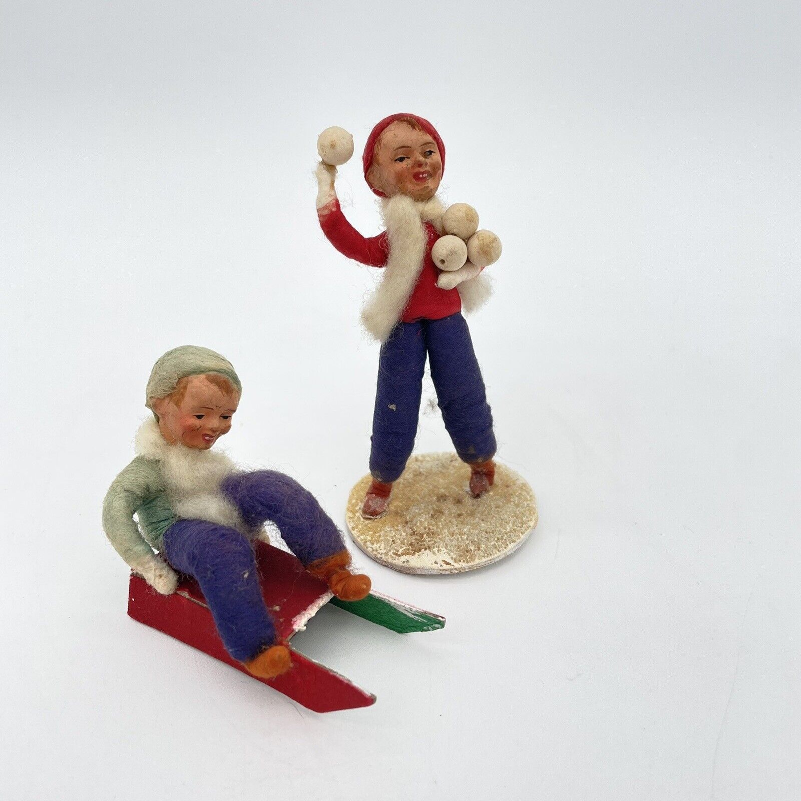 Antique Spun Cotton Batting Snow Fun, Red & Green Beret German Christmas Set 2