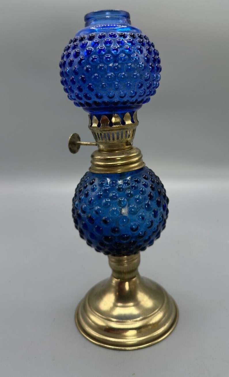 Vintage Cobalt Blue Glass Hobnail Miniature Oil Lamp Lantern and Hobnail Chimney