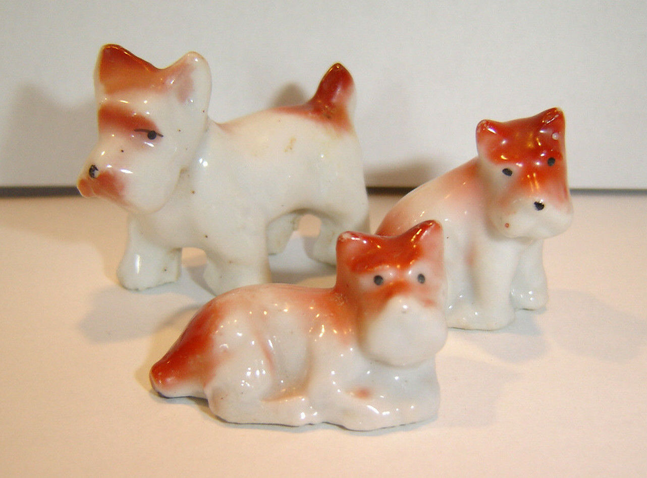 Vintage Porcelain Ceramic 3 White Brown Terrier Dog Puppy Figurines Japan 