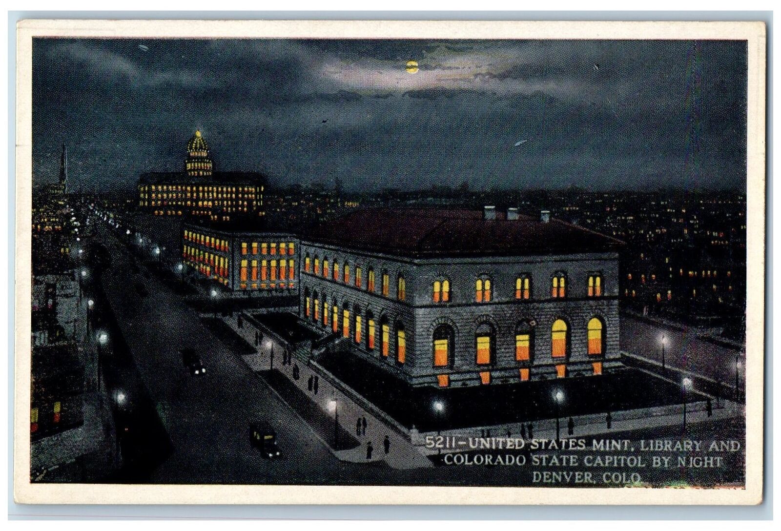 c1920\'s United States Mint. Library & Capitol By Night Denver Colorado Postcard