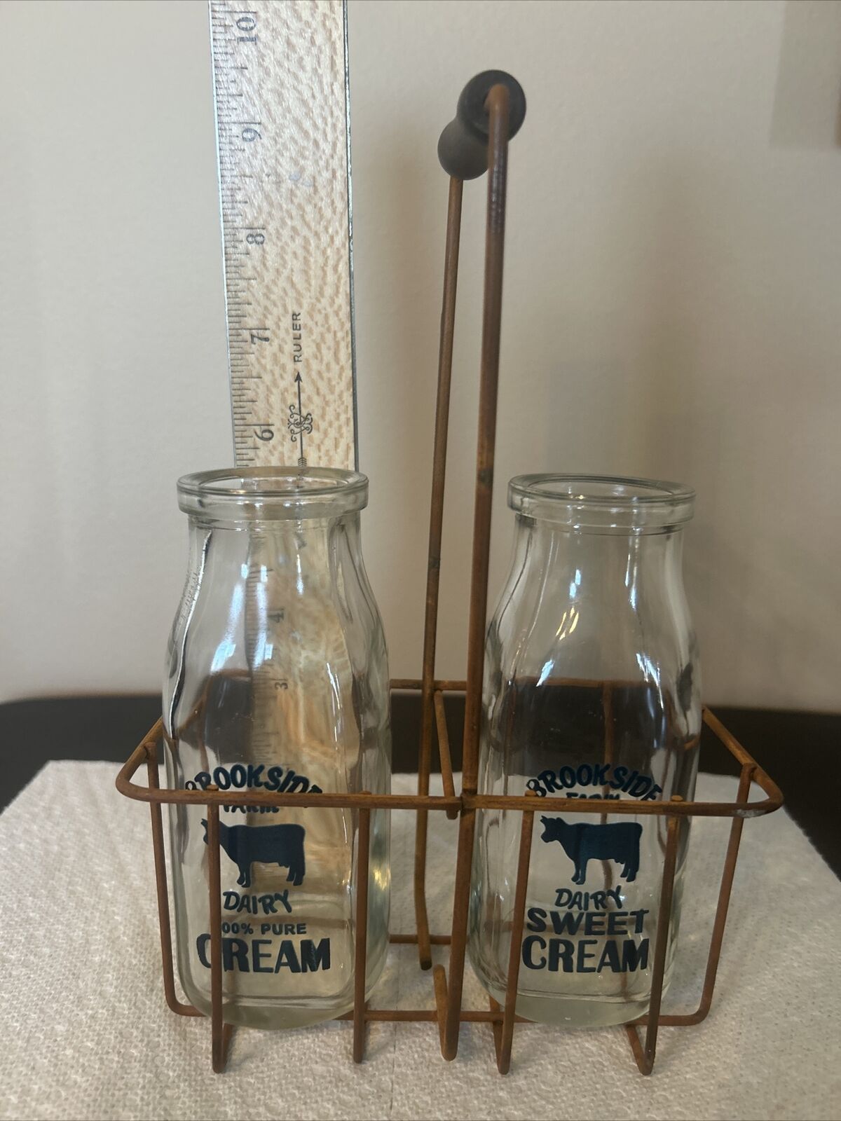 Vintage Brookside Farm Dairy Sweet Cream and Cream Bottle in Metal Holder
