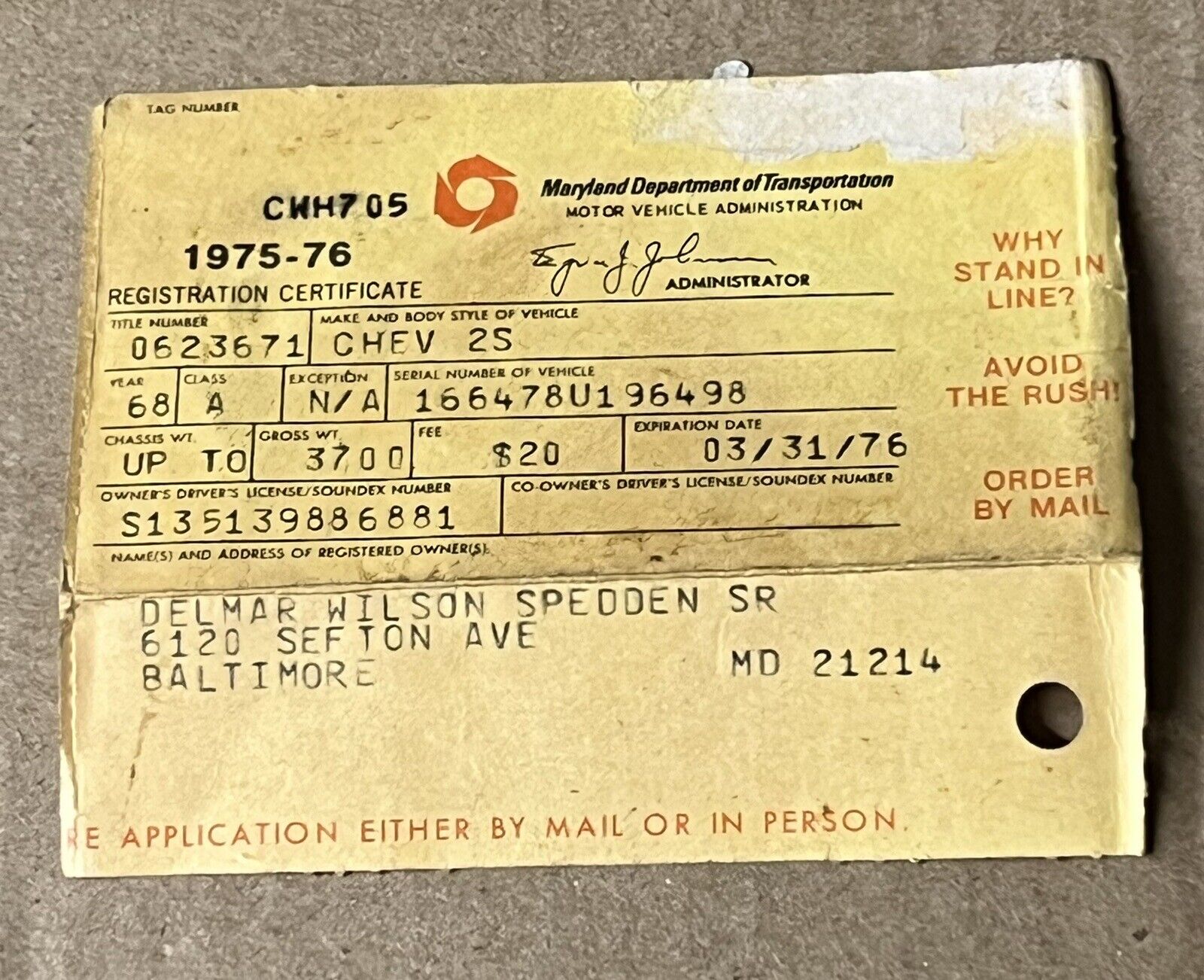 Vintage  Maryland  1968 CHEV 2S Registration Card   MD License EXP 3/1976
