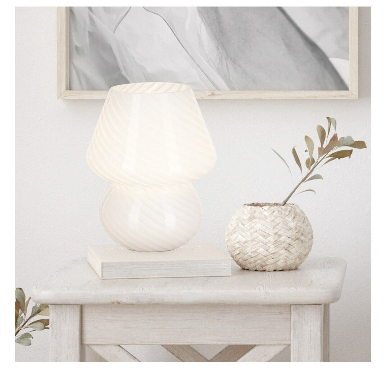 ⚡️Mushroom Lamp, Glass Table Bedside Lamps Translucent Murano Stripe White 8” ✨