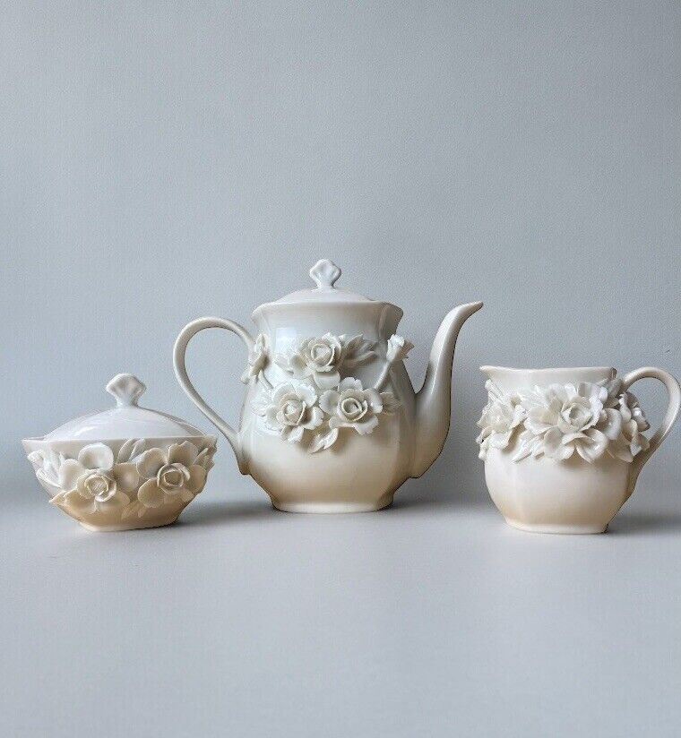 I Godinger & Co Ivory With Raised Floral Teapot Sugar Bowl Creamer Ornate Flower