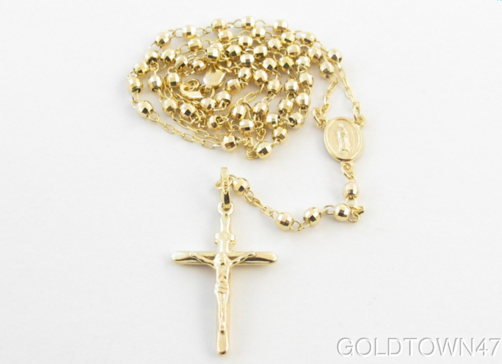 14k Yellow Gold Diamond Cut Catholic Rosary Prayer Beads Necklace