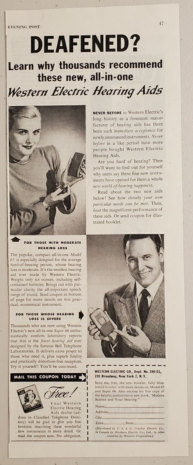 1948 Print Ad Western Electric Hearing Aids For Moderate or Severe Hearing Loss