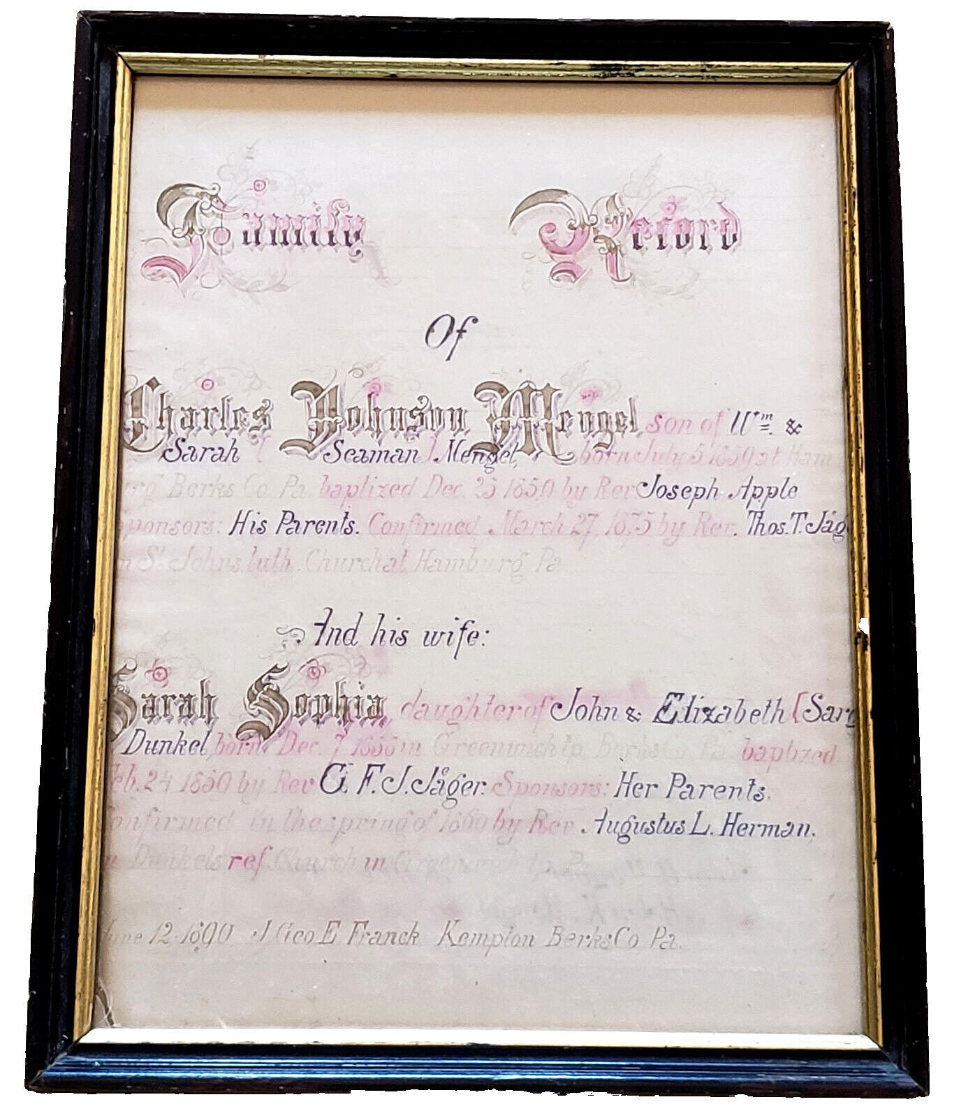 Rare ANTIQUE Family Record 1859 FRAKTUR Berks PA KEMPTON HAMBURG Mengel Dunkel