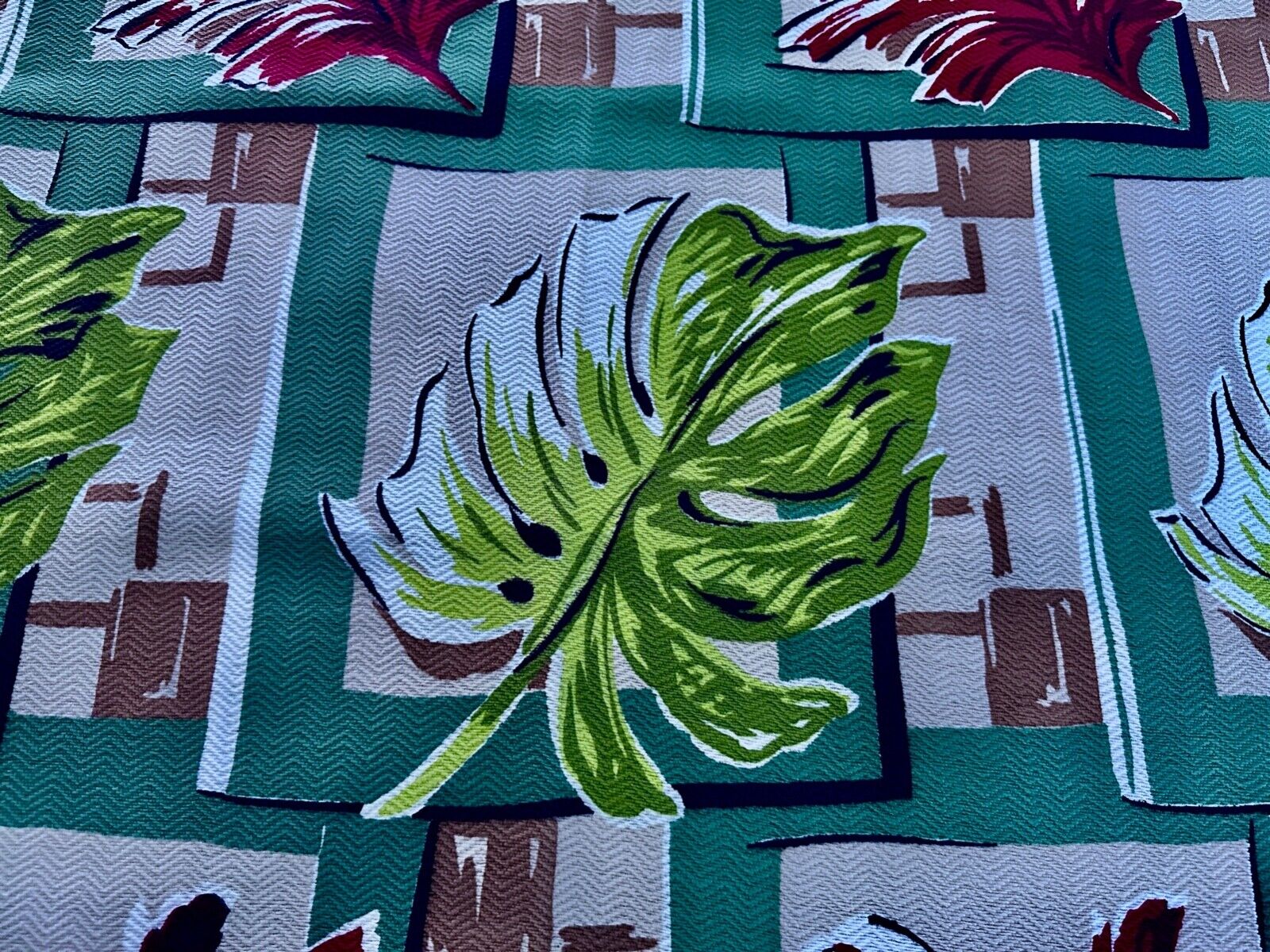 1940's Dancing Philodendron Leaves Abstract Geometric Barkcloth Vintage Fabric