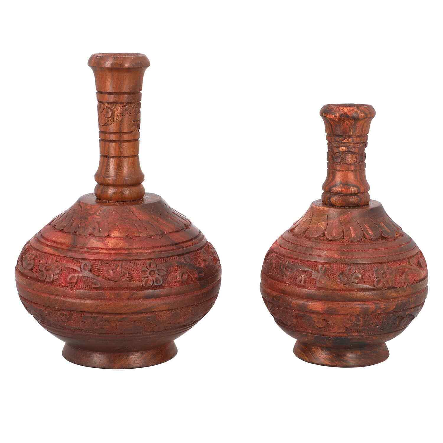 Set of 2 Brown Hand Carved Wooden Water Resistant Surahi Shape Flower Vase Gifts