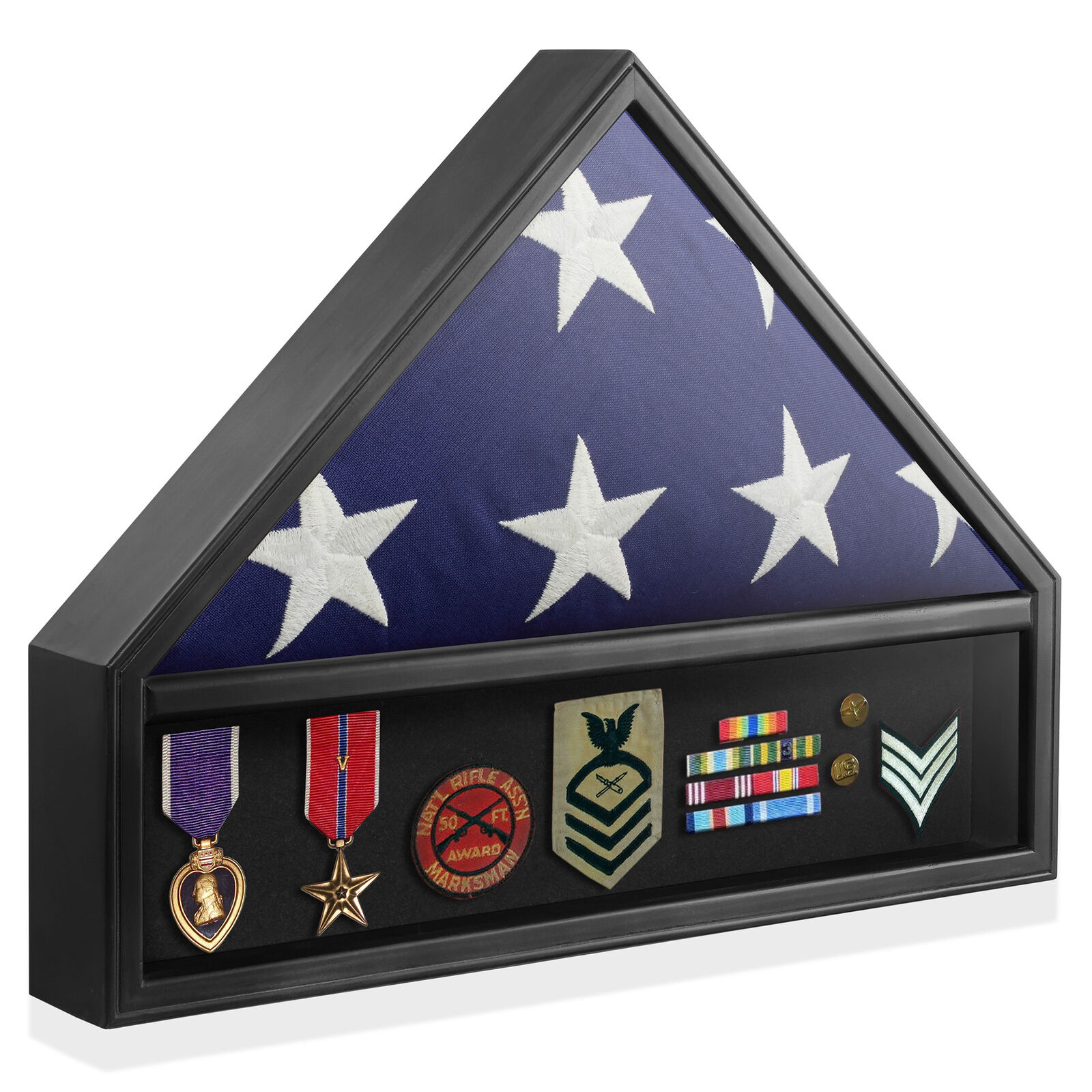 Military Burial Flag and Medal Shadow Box Display Case, Black