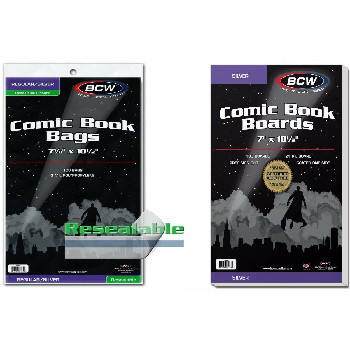 100 - BCW Silver Backing Boards & 2-Mil Resealable Polypropylene Comic Book Bags