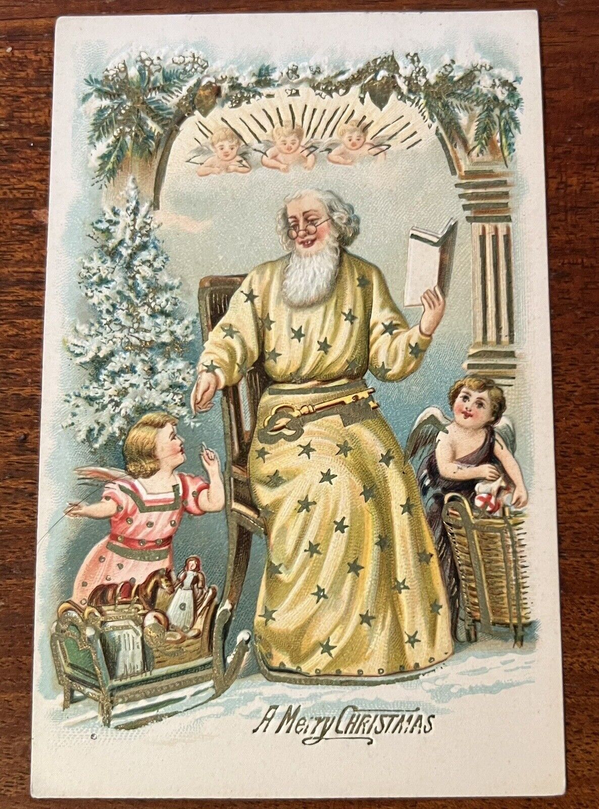 ATQ c.1910 Christmas Postcard Saint Nicholas Angels Child Doll A MERRY CHRISTMAS