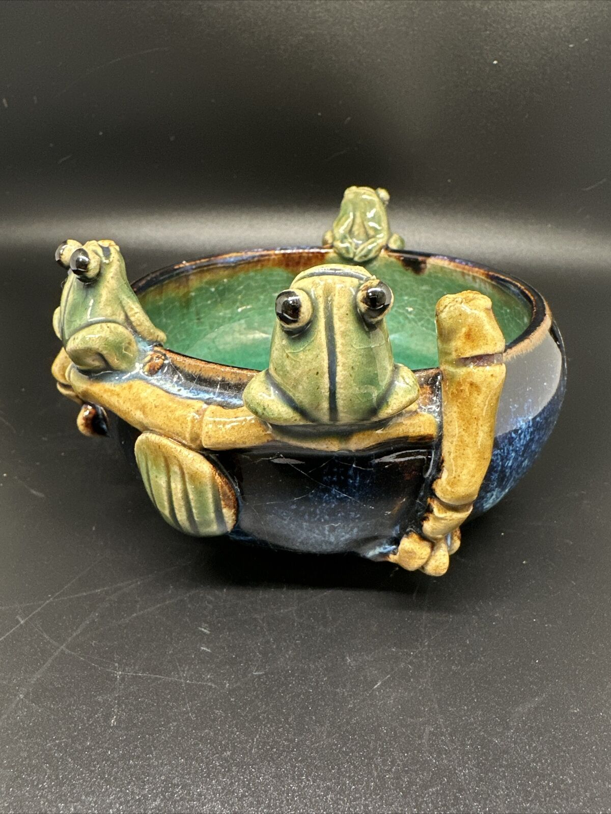 Frog Planter/ Bowl Majolica Style Art Pottery Blue Green Glazed 4.5”wide Signed