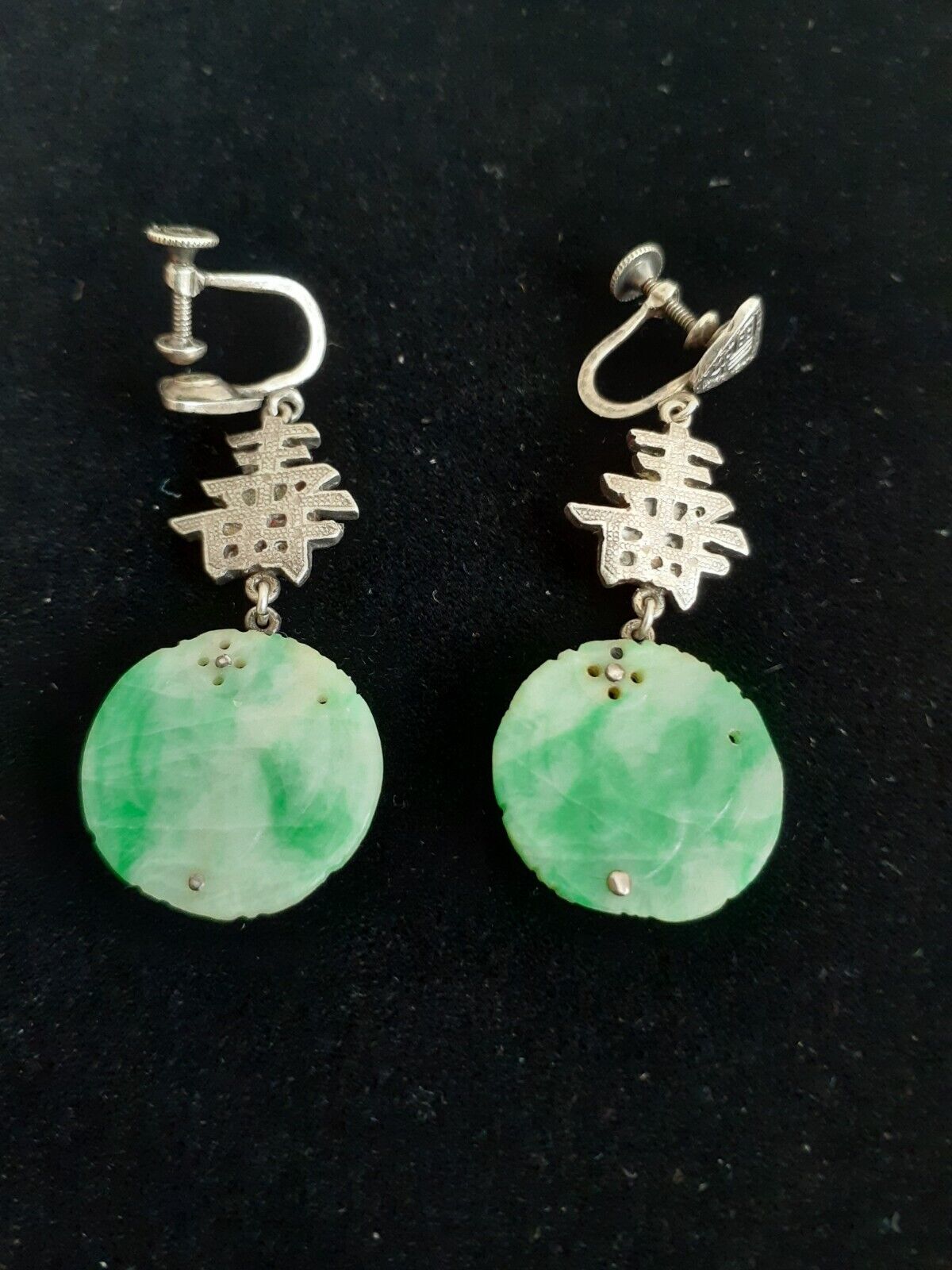 Antique Chinese Jade Jadeite Carved Earrings Sterling Silver