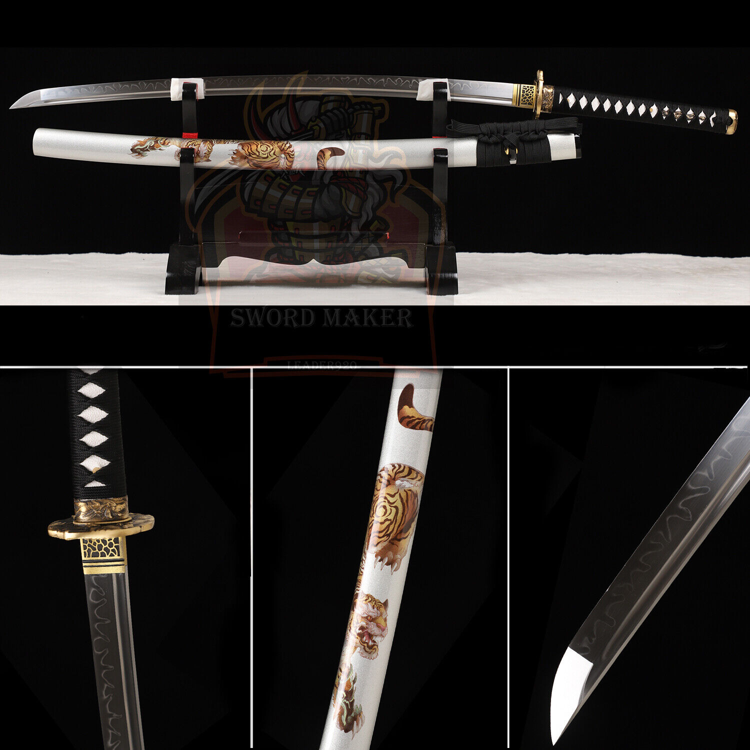 Tiger Theme T10 Steel Clay Tempered Japanese Samurai Sword Real Hamon Full Tang