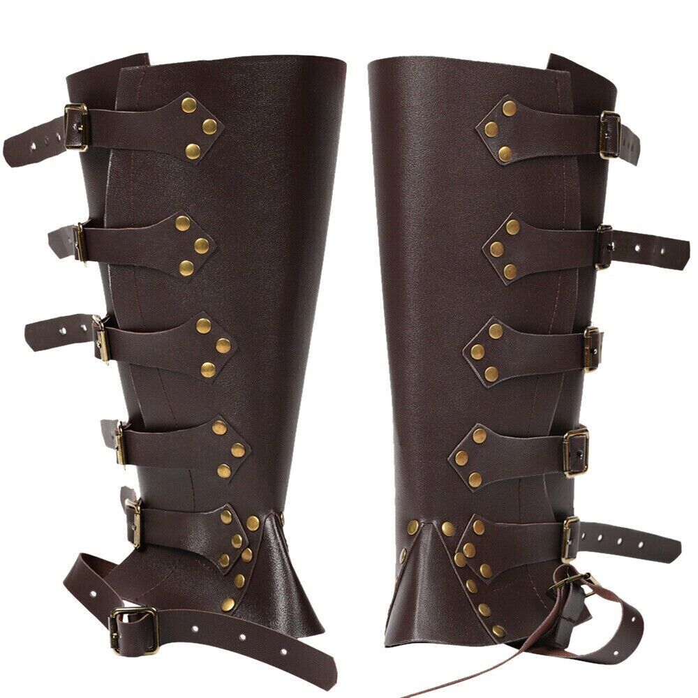 Brown Leather Leg Armor Gothic Greaves Belt Buckle Gaiter Medieval Viking Knight